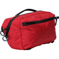 Red toiletry bag with black zippers on a white background