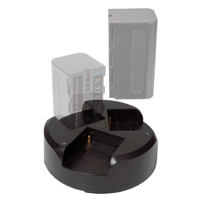 Hahnel Sony L Series Trio Charger Kit with 3-bay charger supporting simultaneous charging of up to three L-Series batteries, includes two 5200mAh HL-XL781 batteries, multicoloured LED charge indicators, and interchangeable UK/EU AC plugs