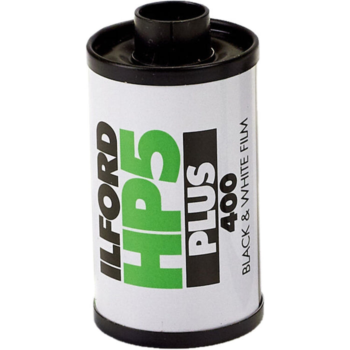 Ilford HP5 Plus 400 black and white film packaging on a white background