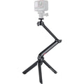 Insta360 3-in-1 Multi-Mount combines tripod, selfie stick, and magic arm in one compact design with a 3-way folding structure, adjustable length from 21 to 51 cm, fully rotatable 360° ball joint for precise camera positioning, and unique Mantis Mode for hanging the camera for creative vantage points.