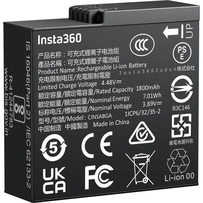 Insta360 Battery Ace Pro 2 with 1800mAh capacity, fast charging support reaching 80% in 18 minutes and full charge in 47 minutes, includes a protective storage case with microSD card slot, designed for extended use with Insta360 Ace Pro 2 camera.