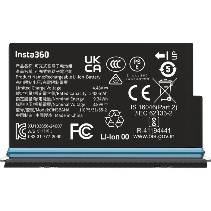 Insta360 Battery X5 with 2400mAh capacity delivering up to 135 minutes of continuous 5.7K30fps recording, high performance in low temperatures down to -20°C, includes protective storage case with dual SD card slots.