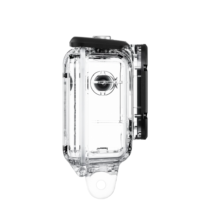Insta360 Dive Case for Ace with waterproof housing rated to 60m (197ft), high-transparency glass lens for clear underwater imaging, locking-buckle design for secure closure, anti-fog inserts, and anti-slip rings, compatible with selfie sticks and tripods.