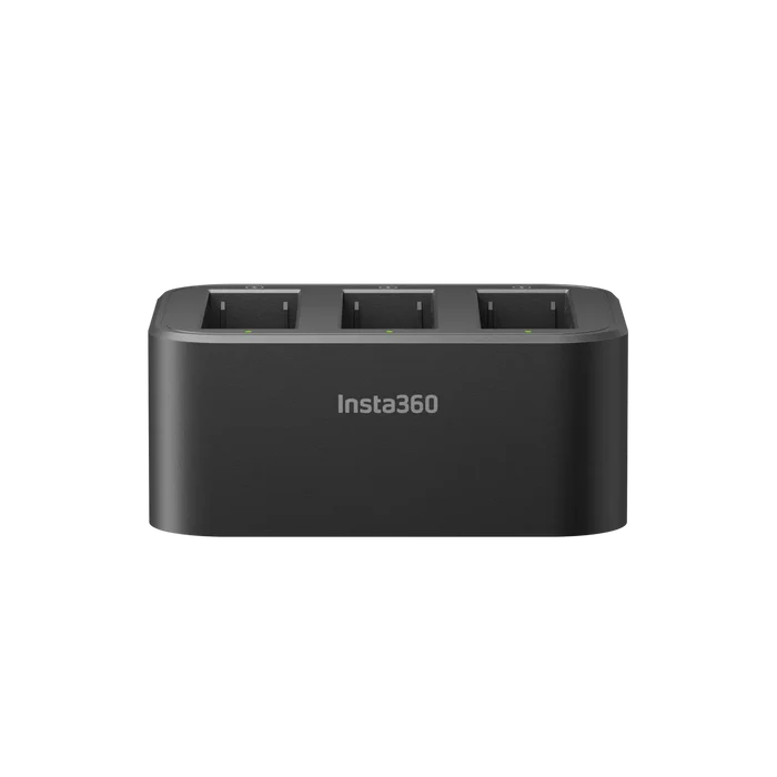 Black multi-bay battery charger with 'insta360' branding on a white background