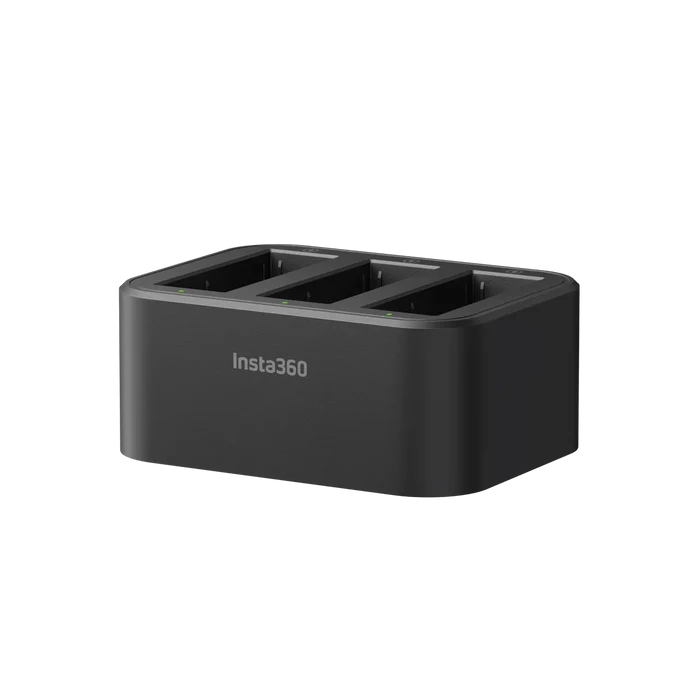 Black charging dock with 'Insta360' branding on a white background