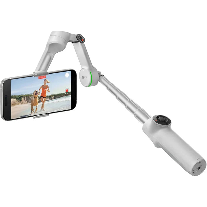 Insta360 Flow 2 Pro Gimbal Creator Kit in Gray with 3-axis stabilization, Deep Track 4.0 AI subject tracking, built-in 210mm selfie stick and tripod, magnetic phone clamp compatible with iPhone 12 or later, included Flow Spotlight, USB-C and Lightning charging cables, protective pouch, and up to 10 hours battery life.