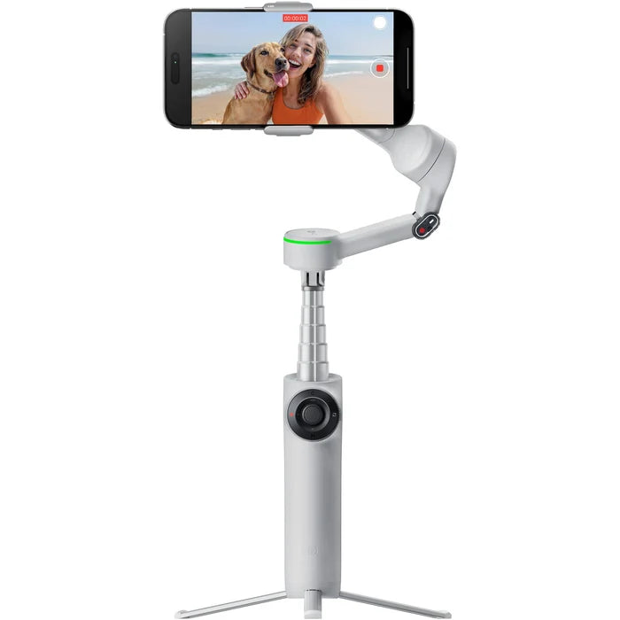 Insta360 Flow 2 Pro Gimbal Creator Kit in Gray with 3-axis stabilization, Deep Track 4.0 AI subject tracking, built-in 210mm selfie stick and tripod, magnetic phone clamp compatible with iPhone 12 or later, included Flow Spotlight, USB-C and Lightning charging cables, protective pouch, and up to 10 hours battery life.