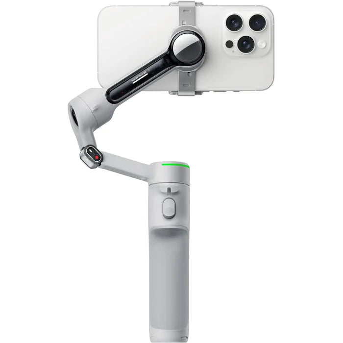 Insta360 Flow 2 Pro Gimbal Creator Kit in Gray with 3-axis stabilization, Deep Track 4.0 AI subject tracking, built-in 210mm selfie stick and tripod, magnetic phone clamp compatible with iPhone 12 or later, included Flow Spotlight, USB-C and Lightning charging cables, protective pouch, and up to 10 hours battery life.
