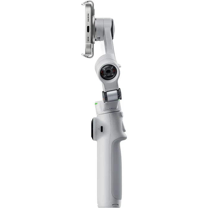Insta360 Flow 2 Pro Gimbal Creator Kit in Gray with 3-axis stabilization, Deep Track 4.0 AI subject tracking, built-in 210mm selfie stick and tripod, magnetic phone clamp compatible with iPhone 12 or later, included Flow Spotlight, USB-C and Lightning charging cables, protective pouch, and up to 10 hours battery life.