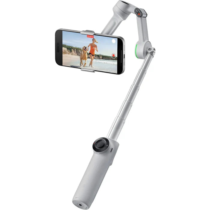 Insta360 Flow 2 Pro Gimbal Creator Kit in Gray with 3-axis stabilization, Deep Track 4.0 AI subject tracking, built-in 210mm selfie stick and tripod, magnetic phone clamp compatible with iPhone 12 or later, included Flow Spotlight, USB-C and Lightning charging cables, protective pouch, and up to 10 hours battery life.