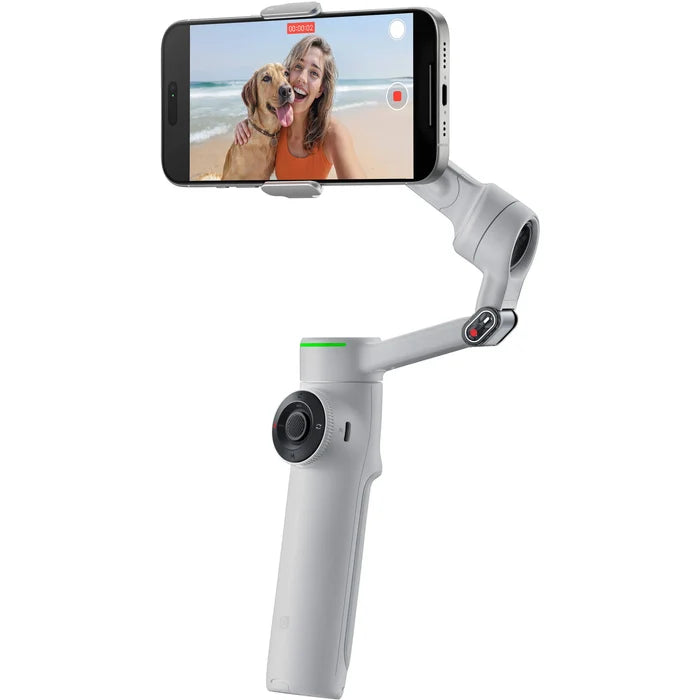 Insta360 Flow 2 Pro Gimbal Creator Kit in Gray with 3-axis stabilization, Deep Track 4.0 AI subject tracking, built-in 210mm selfie stick and tripod, magnetic phone clamp compatible with iPhone 12 or later, included Flow Spotlight, USB-C and Lightning charging cables, protective pouch, and up to 10 hours battery life.