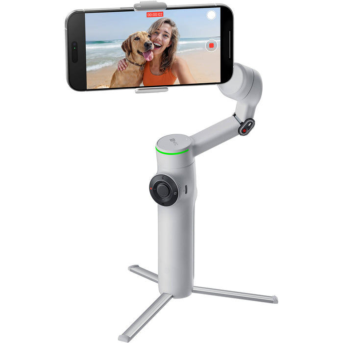 Insta360 Flow 2 Pro Gimbal in Gray with 3-axis stabilization, Deep Track 4.0 AI tracking with multi-subject and active zoom features, built-in extendable selfie stick and tripod, Apple DockKit integration for native iOS tracking, up to 10 hours runtime, smartphone and Apple Watch remote control, and USB-C charging.