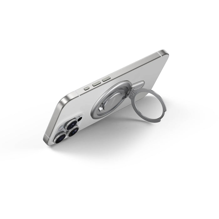 Insta360 Flow 2 Pro Magnetic Phone Mount with strong N52-grade magnets designed to securely hold MagSafe-compatible iPhone 12 or later models, featuring a 360° rotatable metal ring stand that doubles as a desktop phone stand, lightweight aluminum and silicone build, and compact 8.1 x 5.6 x 0.5 cm size.