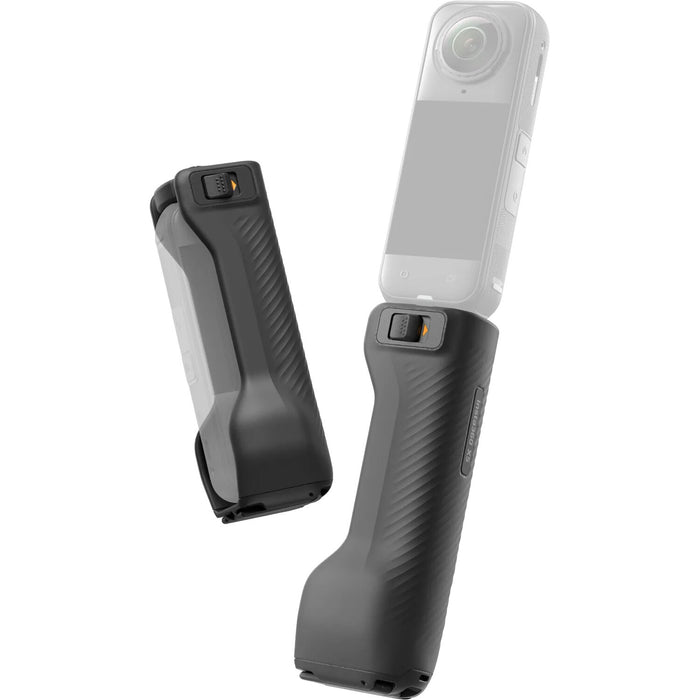 Insta360 X5 foldable utility handle with mini tripod and rubber grip