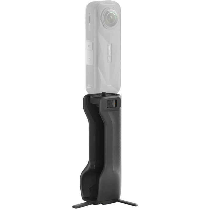 Insta360 X5 foldable utility handle with mini tripod and rubber grip