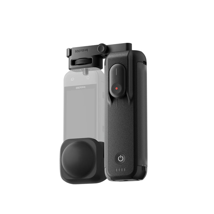 Insta360 FOMO Power Handle with built-in 6100mAh battery, foldable design, detachable mini remote, and lens protection for extended 360° camera recording.