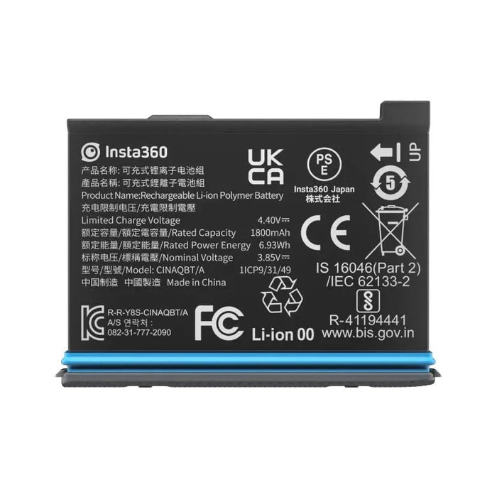 Rechargeable lithium-ion battery for Insta360 X3 with 1800mAh capacity, 3.85V output, providing up to 81 minutes of recording time and 90-minute recharge time.