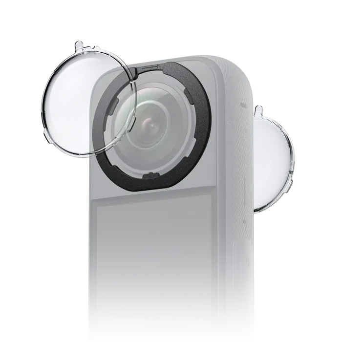 Standard removable lens guards for Insta360 X3 with multi-coated acrylic lenses, twist-off design for tool-free installation, secure locking bases, and clear 360° image protection.