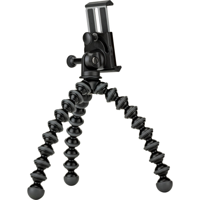 Joby GripTight GorillaPod Stand Pro with premium ABS, TPE, and stainless steel build, securely fits smartphones 5.59 to 9.09 cm wide with or without cases, offers 90° rotation and 150° tilt, and includes flexible tripod legs for stable positioning.