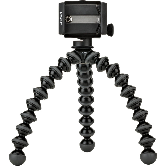 Joby GripTight GorillaPod Stand Pro with premium ABS, TPE, and stainless steel build, securely fits smartphones 5.59 to 9.09 cm wide with or without cases, offers 90° rotation and 150° tilt, and includes flexible tripod legs for stable positioning.