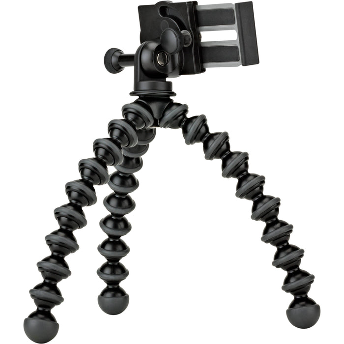 Joby GripTight GorillaPod Stand Pro with premium ABS, TPE, and stainless steel build, securely fits smartphones 5.59 to 9.09 cm wide with or without cases, offers 90° rotation and 150° tilt, and includes flexible tripod legs for stable positioning.