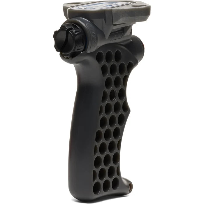 Black shutter grip with honeycomb pattern on a white background