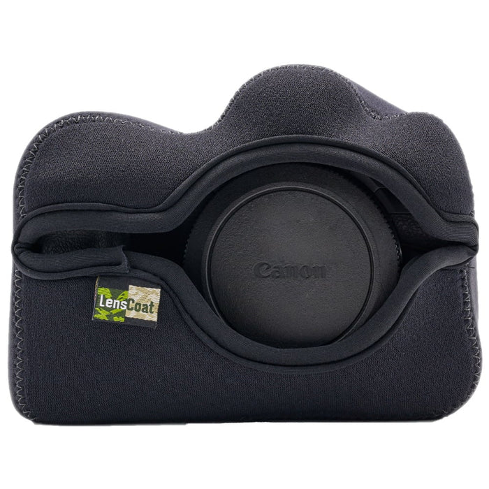Black camera lens with Canon branding in a protective case on a white background