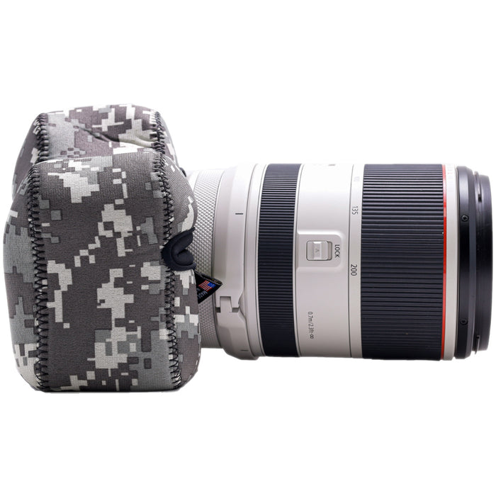 Camera lens with a digital camouflage case on a white background