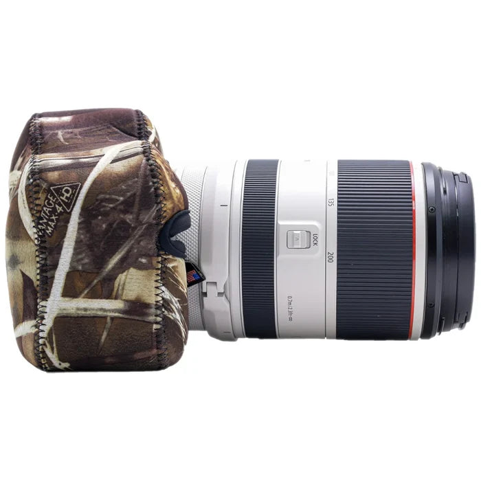 Camera lens with a camouflage lens cover on a white background