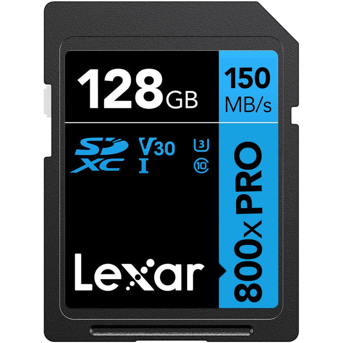 Lexar 128GB SDXC memory card with specifications on a white background
