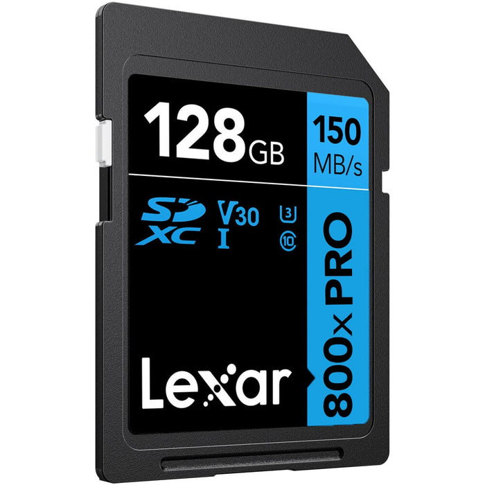 Lexar 128GB SDXC U3 memory card on a white background