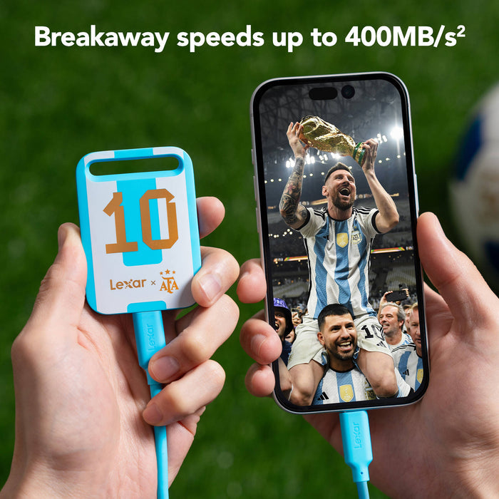 Lexar Air Elite Legends 512GB Portable SSD Argentina Edition - showing upload speed features