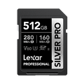 512GB Lexar Professional Silver Pro SD card on a white background