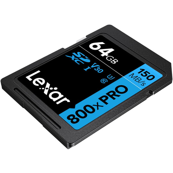 Lexar 64GB SD card with specifications on a white background