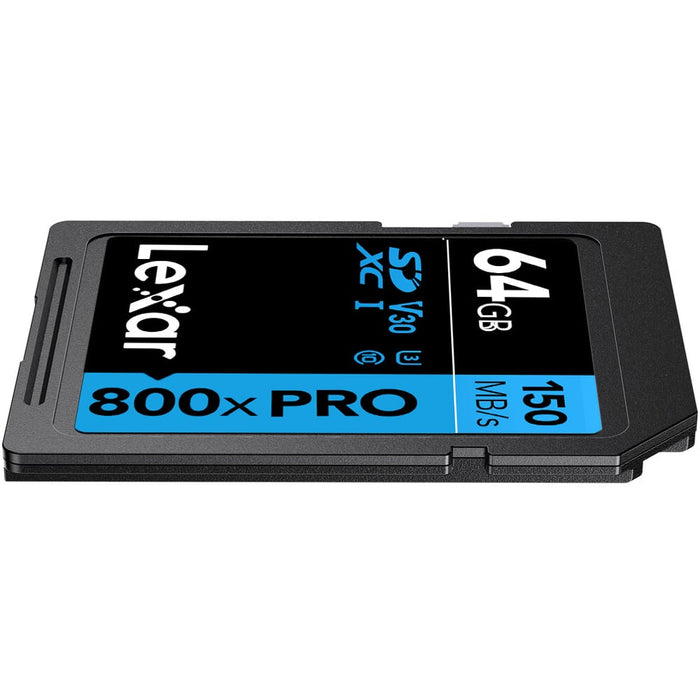 Lexar 64GB SD card with specifications on a white background