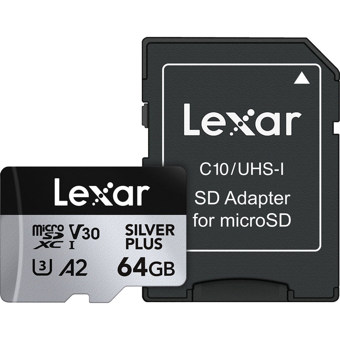 Lexar Professional Silver Plus microSDXC UHS-I Memory Card + SD Adaptor – dependable high-speed storage for 4K video, photos, and fast data transfers."