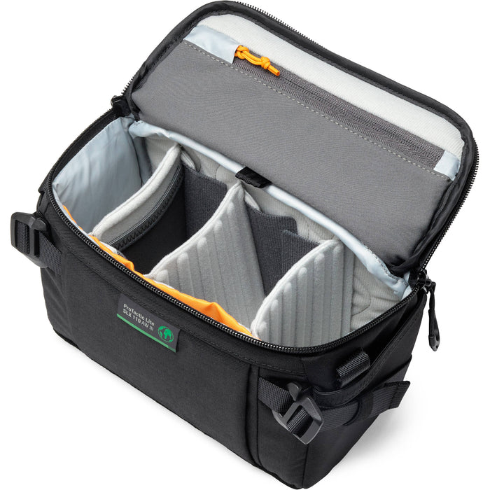 Lowepro ProTactic Lite SLX 110 AW III is a rugged 4L sling bag for mirrorless cameras with 24-70mm lens, offering easy carry and quick gear access.