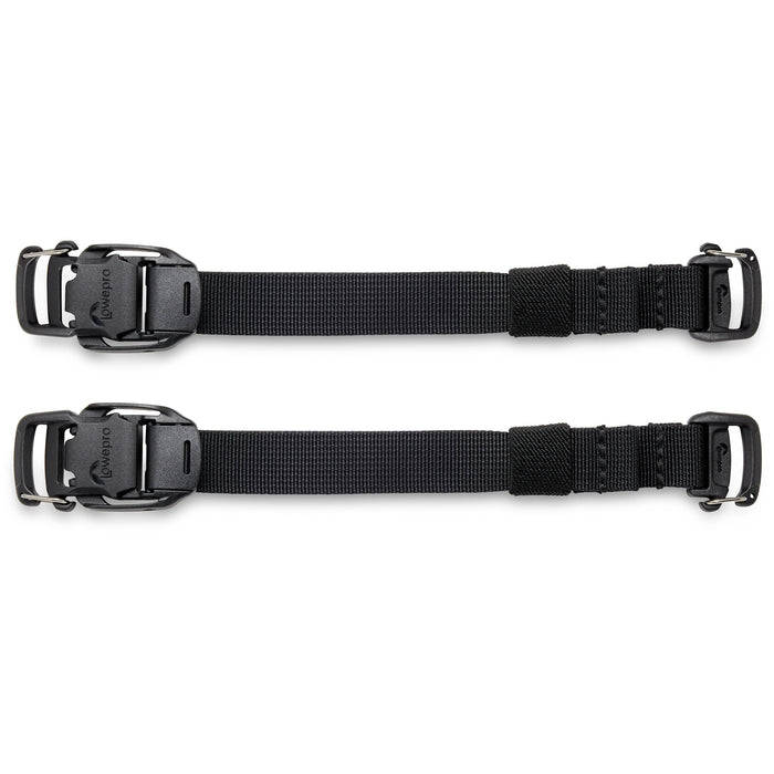 Adjustable Lowepro ProTactic Quick Straps III made of 93% recycled fabric, featuring glove-friendly cam-lock side release buckles, new custom gatekeeper hooks, compatible with 20mm webbing loops, perfect for securing tripods and accessories to camera bags.
