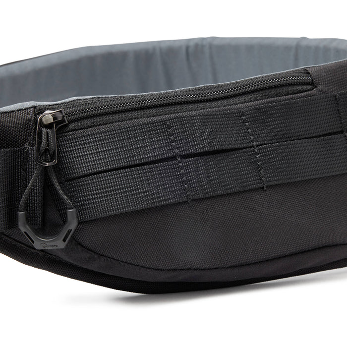Lowepro ProTactic Utility Belt III in black, fits waists 76-148 cm, holds up to seven SlipLock pouches, includes deployable drawstring pocket for lens swaps or 1L water bottle, made with 92% recycled fabric for durability and comfort.