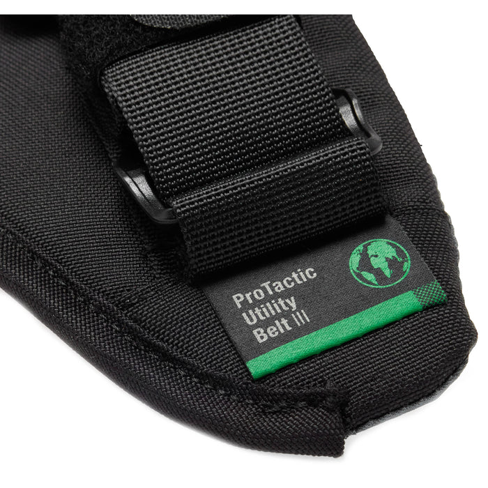 Lowepro ProTactic Utility Belt III in black, fits waists 76-148 cm, holds up to seven SlipLock pouches, includes deployable drawstring pocket for lens swaps or 1L water bottle, made with 92% recycled fabric for durability and comfort.