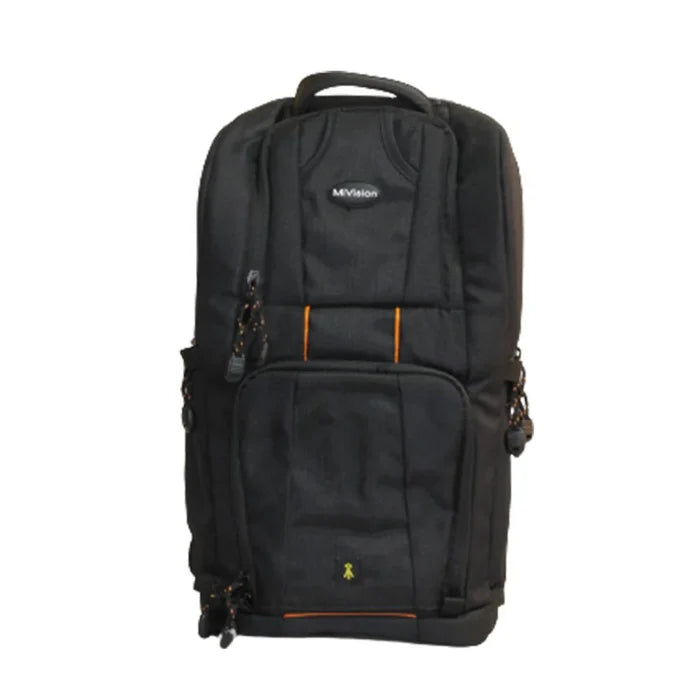 Black backpack with visible brand logo on a white background