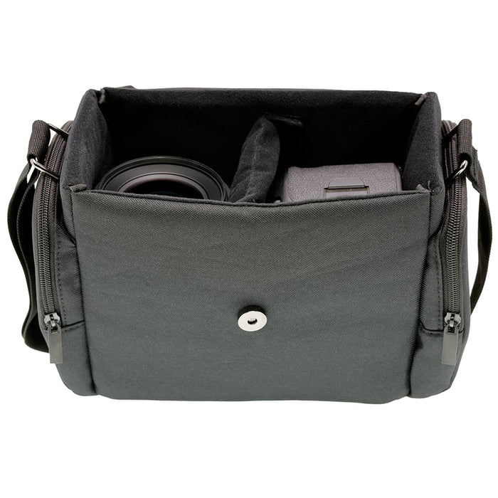 Black Nikon shoulder bag for camera, lenses, and accessories with padded interior.