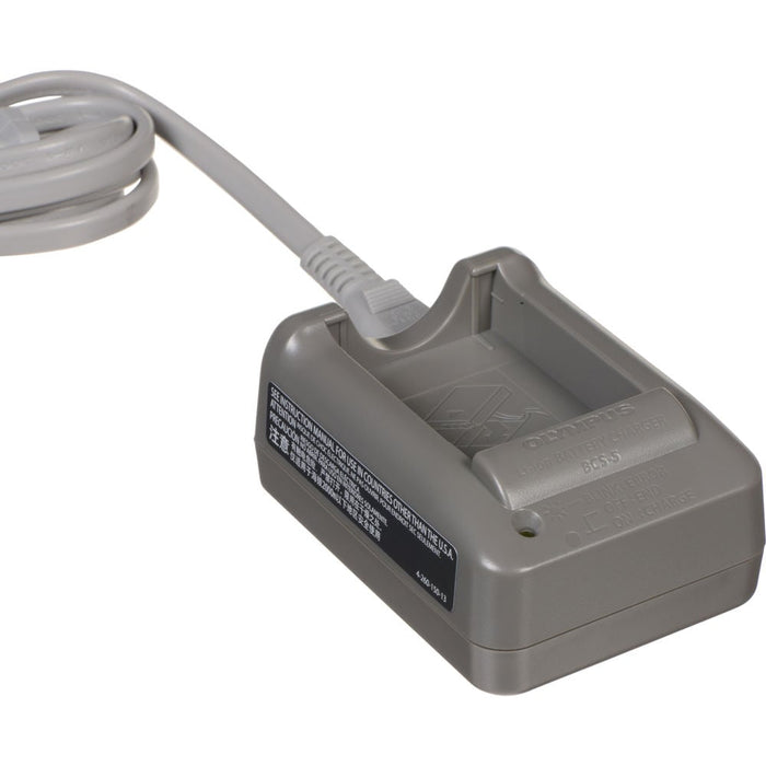 Olympus BCS-5 dedicated lithium-ion battery charger for BLS-5 and BLS-50 batteries, compatible with 100-240V AC international power supplies.