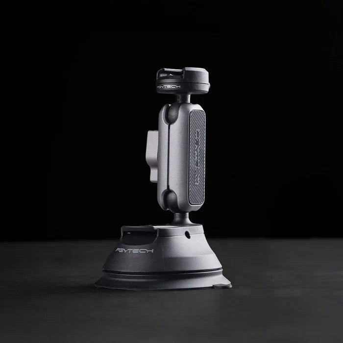PGYTECH CapLock action camera suction cup mount with dual ball head for 360° rotation, strong suction grip, quick release system, and broad compatibility.
