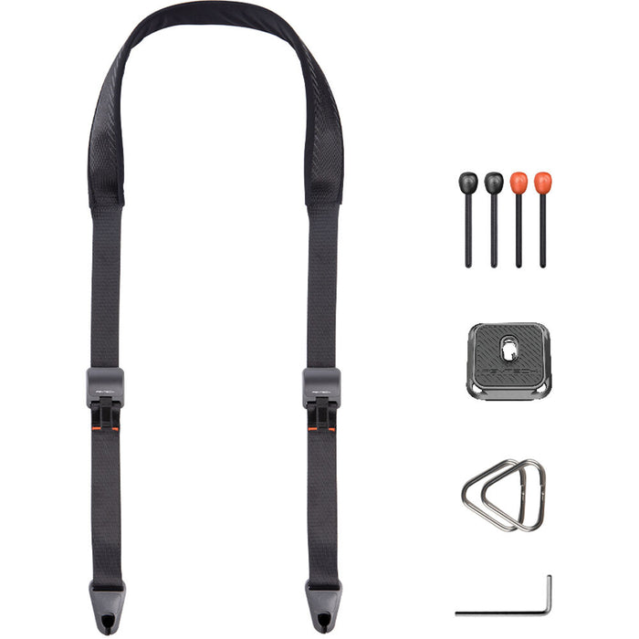 PGYTECH Camera Strap in Night Black with quick-release buckles, padded shoulder support, and adjustable design for DSLR and mirrorless cameras.