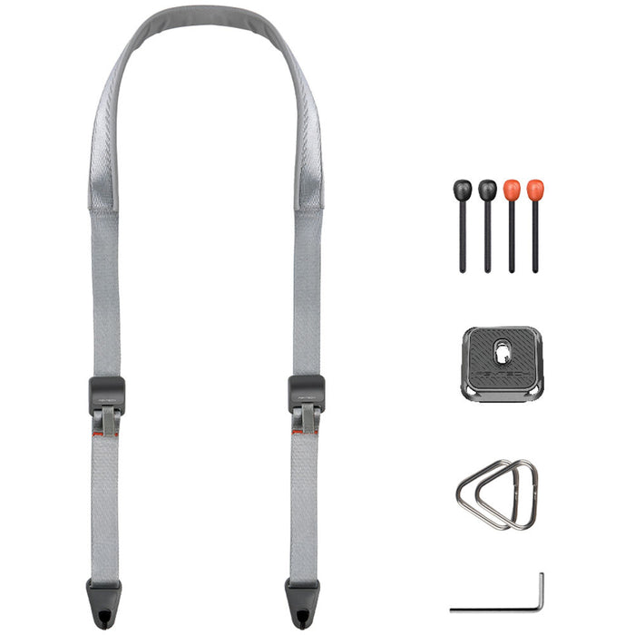 PGYTECH Camera Strap in Rock Grey featuring padded shoulder support, quick-release buckles, and adjustable length for DSLR and mirrorless cameras.