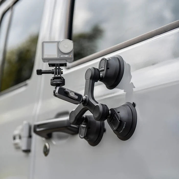 PGYTECH 3-arm suction cup mount with CapLock quick release, 360° adjustable dual ball heads, three strong suction cups, and compatibility with sports cameras and smartphones.