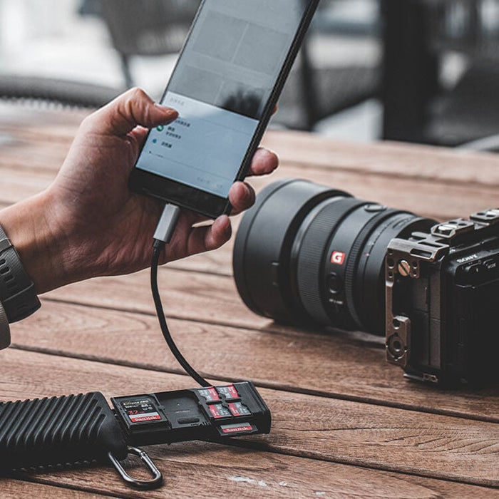 Transport memory cards and transfer data all from one card reader case. Ideal for photographers seeking convenience on the go.