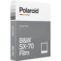 Polaroid Black & White SX-70 Instant Film pack with 8 exposures, ISO 160, 79mm x 79mm image area, classic white frame, featuring rich blacks and bright whites with glossy finish.