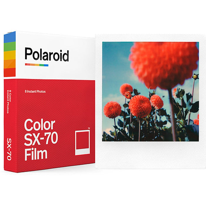 Polaroid Colour SX-70 Instant Film pack with 8 exposures, featuring ISO 160, 79mm x 79mm image area, classic white frames, and rich color with fine grain.
